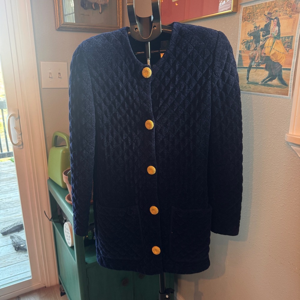 Devernois Paris Vintage Quilted Navy Blue Cardigan Jacket Gold Buttons Chain Hem